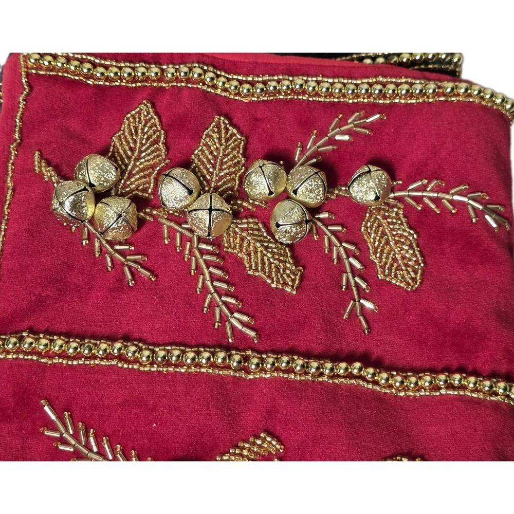 Vintage Velvet Christmas Stocking Set Of 3 Gold Holly Beaded And Bells - Picture 6 of 7